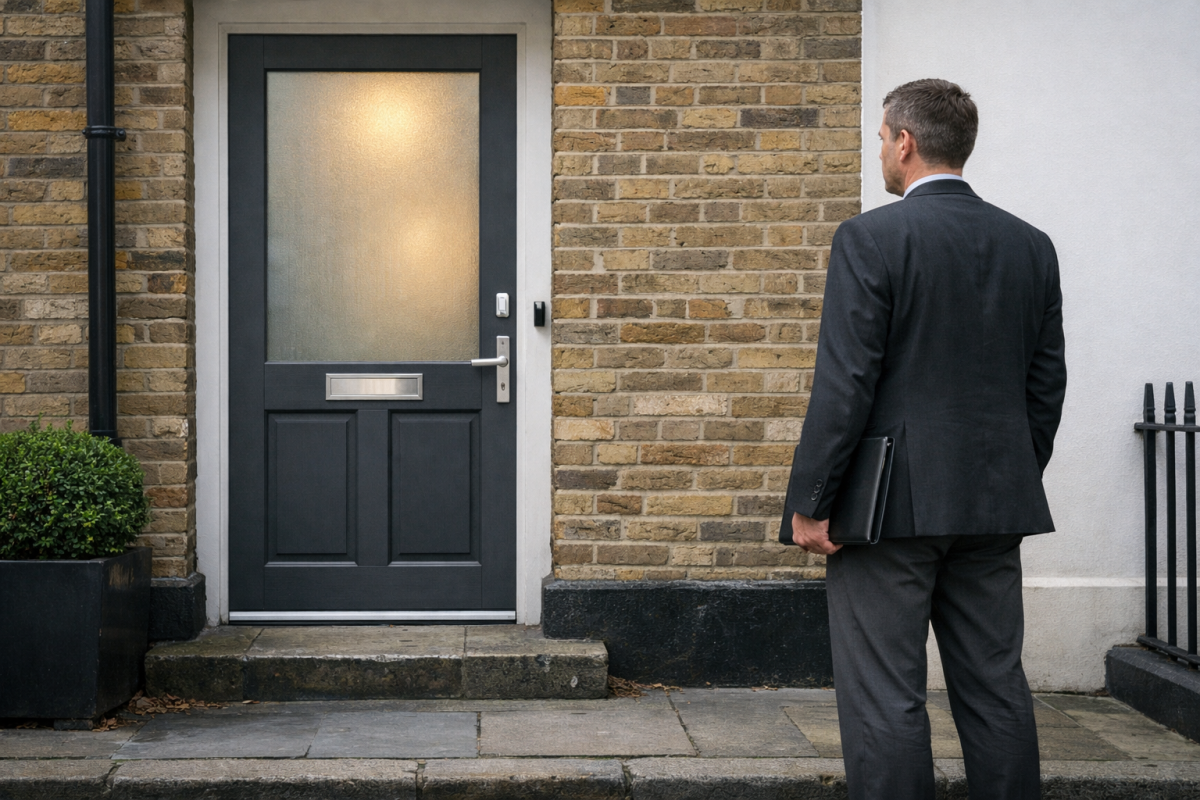 Debt Collectors ChatGPT Image Jan 6 2026 12 19 25 AM Man in a suit holding a folder stands outside a closed front door.