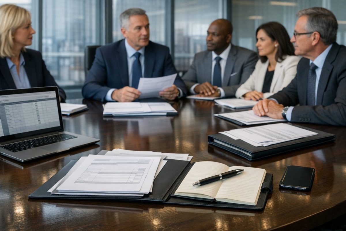 Debt Collector ChatGPT Image Jan 7 2026 01 06 44 PM Executives reviewing documents during a boardroom meeting.