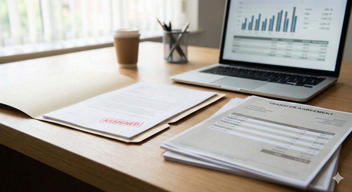 Debt Sold to a Collection Agency Explained in the UK Financial documents on a desk showing a debt being transferred to a collection agency, illustrating that legal responsibility for repayment continues after sale.
