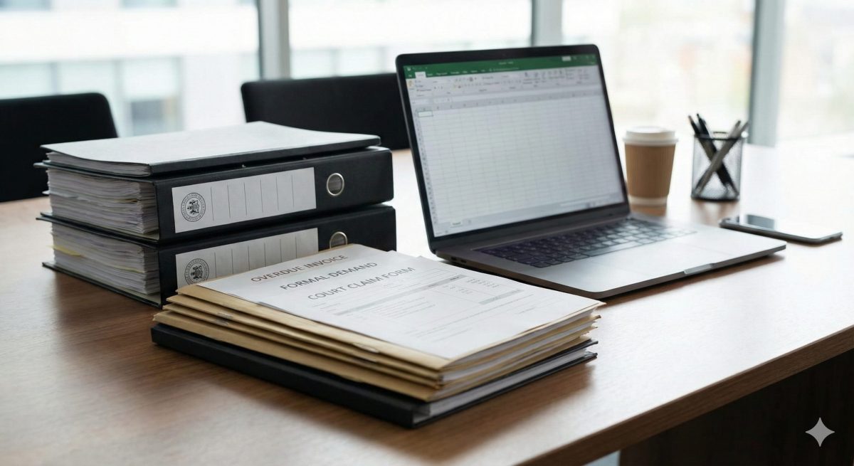 How Serious Debt Collection Becomes in the UK Office desk with legal and financial documents illustrating the seriousness of UK debt collection, including escalation toward court action and enforcement.