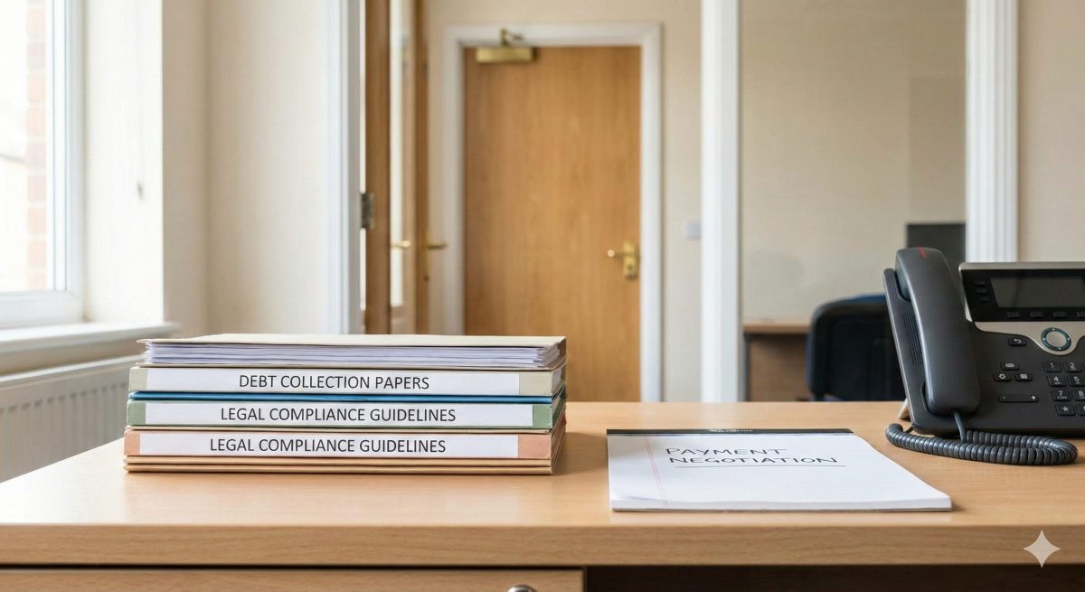 Powers of Debt Collectors in the UK Professional office desk with debt collection documents and communication tools, illustrating the lawful powers and limitations of debt collectors in the UK.