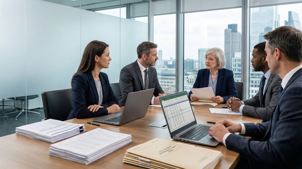 debt recovery Untitled design 6 Business team discussing documents around a conference table in a modern office