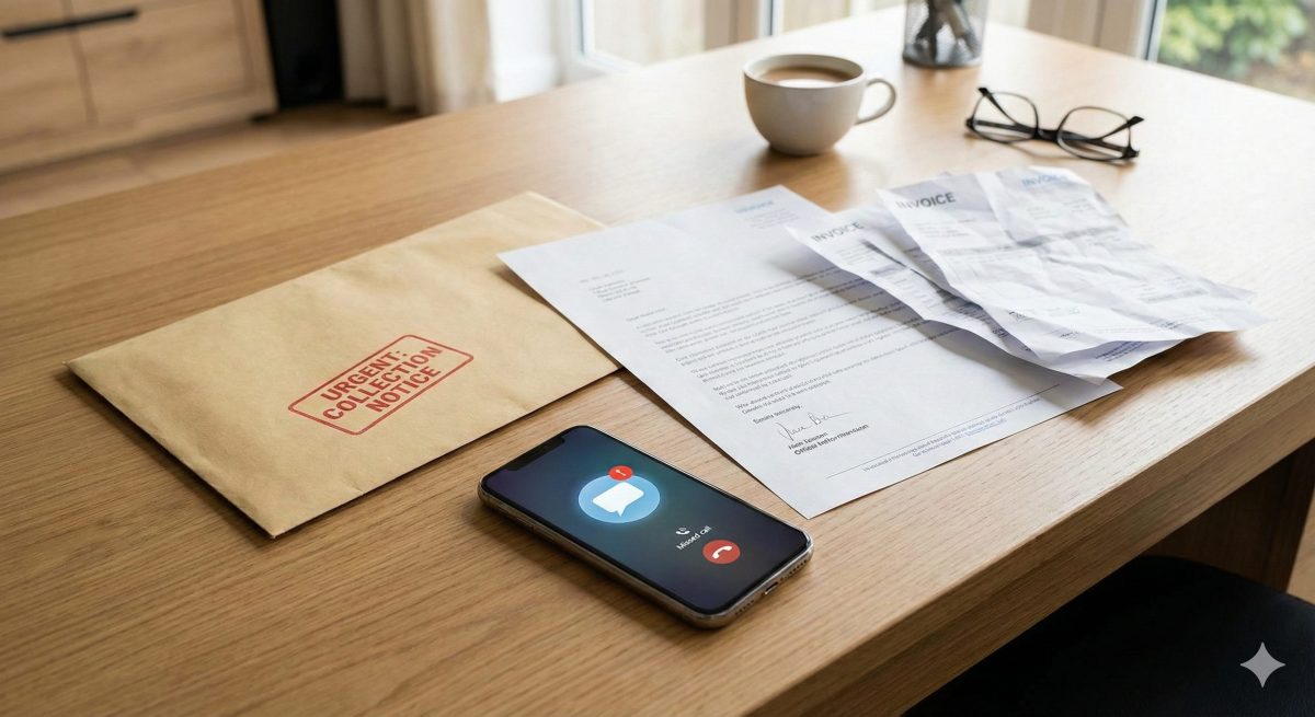 What Happens When You Get Debt Collection in the UK Debt collection letter and overdue invoices on a desk illustrating what happens when an unpaid debt is sent to a collection agency in the UK.