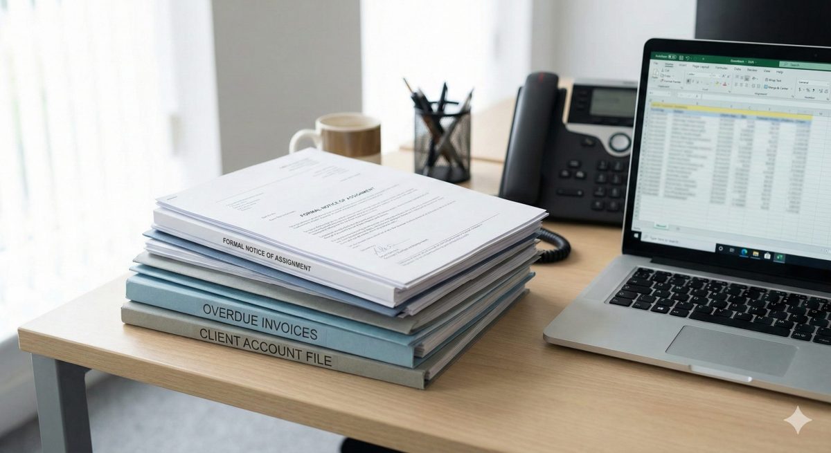 What Happens When a Debt Goes to a Collection Agency in the UK Overdue invoices and account documents on a business desk illustrating the process of a debt being transferred to a collection agency for professional recovery.