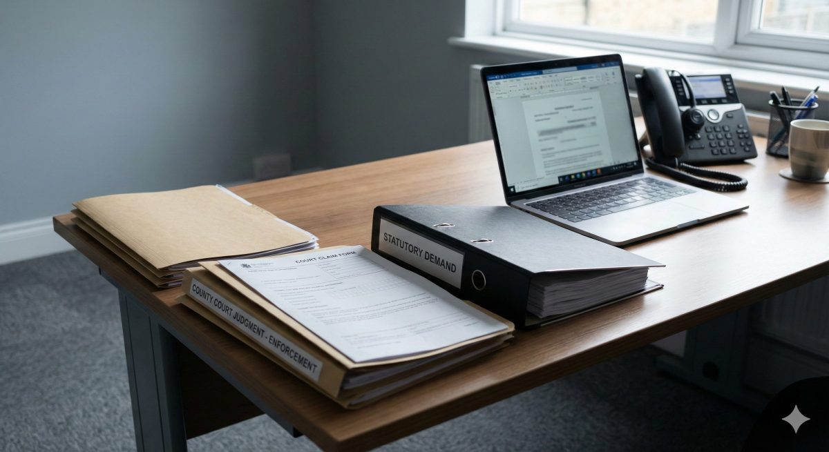 Worst Legal Actions Debt Collectors Can Take in the UK Court and debt enforcement documents on an office desk illustrating the most serious legal actions debt collectors can pursue in the UK, such as court judgments and insolvency proceedings.
